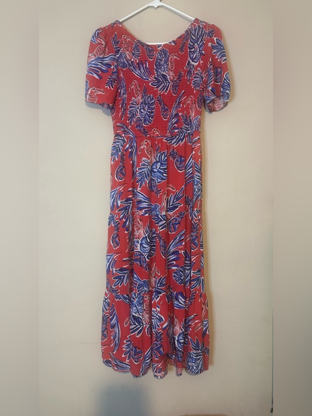 Red Tropical Print Dress with Blue Leaf Pattern - Picture 3 of 6
